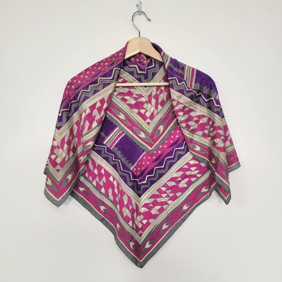 Vintage Oscar de la Renta Scarf 1980s Purple FuchsiaGray Gold Large Square 31" - Picture 2 of 6